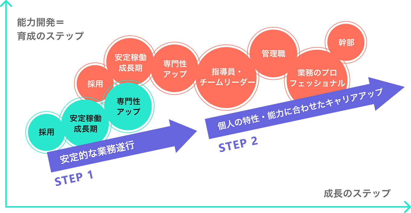 STEP1 安定的な業務遂行　STEP2 個人の特性・能力に合わせたキャリアアップ